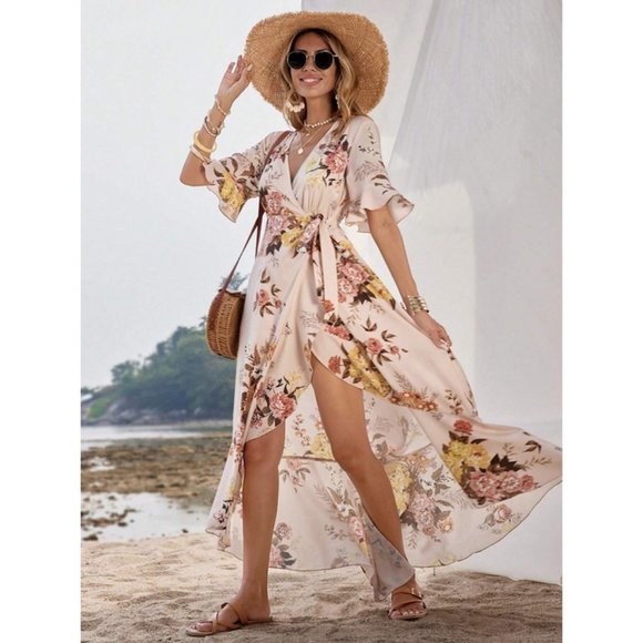 Boho Floral Flounce Sleeve Ruffle Trim Wrap Knot Side Dress - Picture 5 of 7